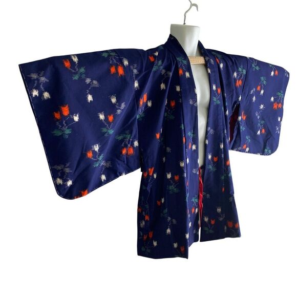 Vtg AI Kimono Jacket Womens Medium Navy Blue Red Floral Print Yukata Robe Japan - Picture 2 of 9